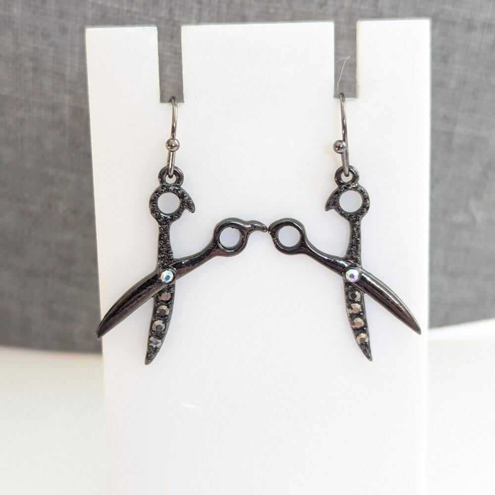 Hair Stylist Black Enamel Figural Novelty Scissors Rhinestone Dangle Earrings